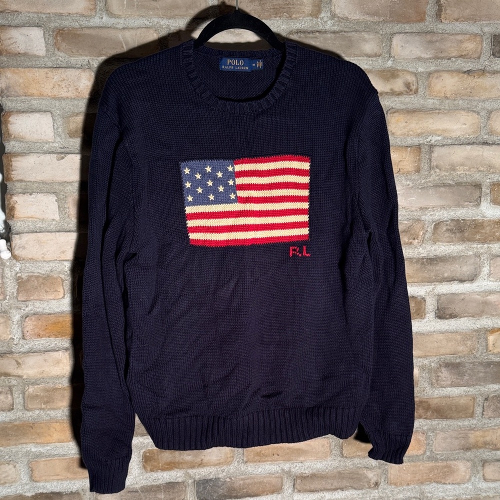 Polo by Ralph Lauren Men's Dark Blue Sweater with Flag Design